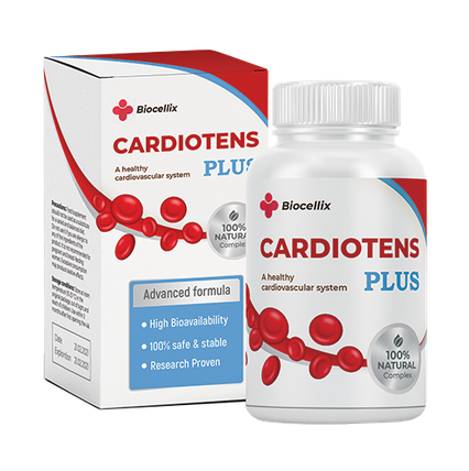 Envase de Cardiotens, suplemento de bienestar en presentación de cápsulas
